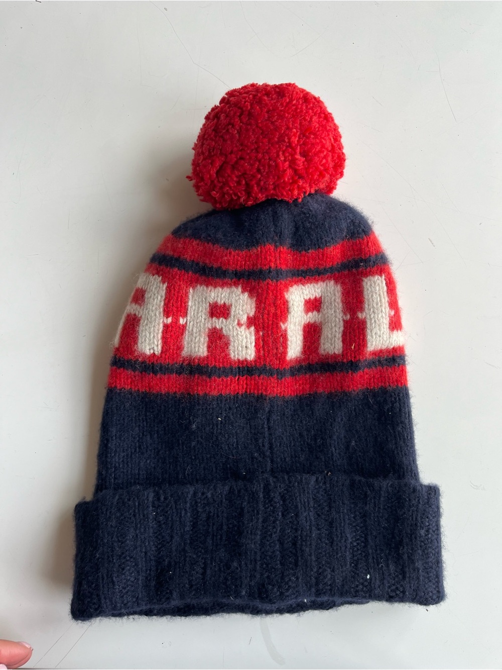 The Elder Statesman Navy, Red, Cream Pom-Pom Knit Kids Beanie